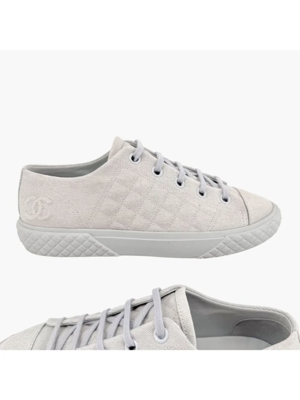 Chanel Quilted Low Top Denim Sneakers Size 39 US 8-8.5 Blue Gray Canvas CC